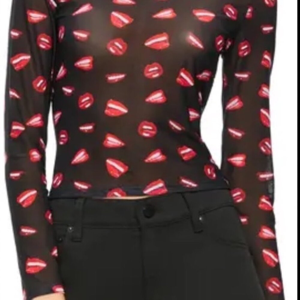 Alice + Olivia x Tom Wesselman Delaina Long Sleeve Mouth Print Mesh Top Size M